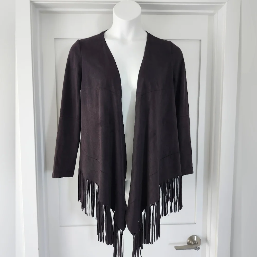 Zara Faux Suede Fringe Open Cardigan Jacket black size S - Picture 2 of 4